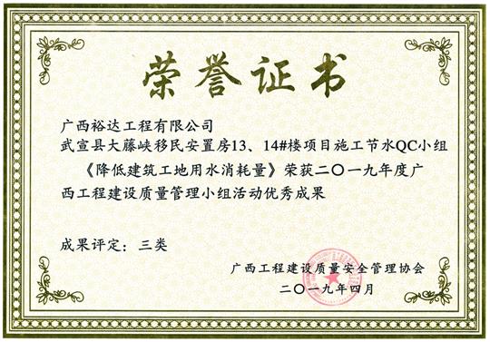 2019年度廣西工程建設質量管理小組活動優(yōu)秀成果